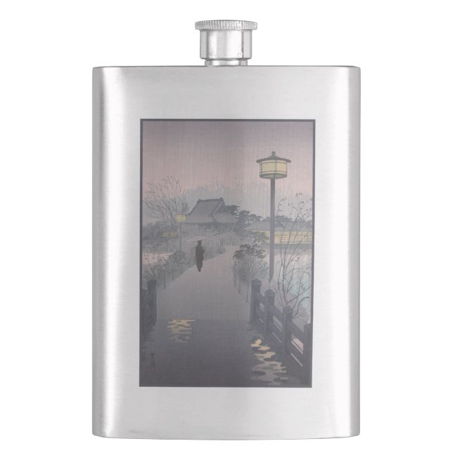 Twilight Rain on Path to Shinobazu in Japan Hip Flask (Front)