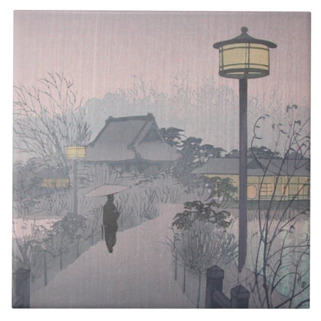 Twilight Rain on Path to Shinobazu in Japan Tile (Front)
