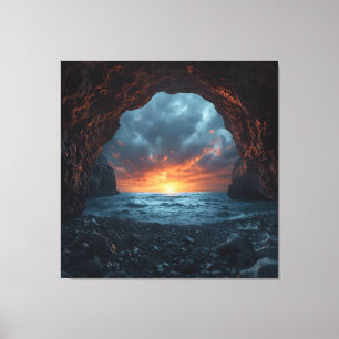 Twilight Refuge – Ocean Horizon Through Stone Canvas Print