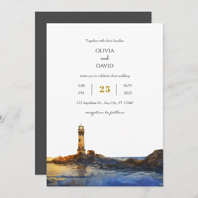 Twilight Rocky Lighthouse Watercolor Beach Wedding Invitation (Front/Back)
