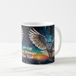 Twilight Sentinel: Owl in Flight at Sunset Coffee Mug