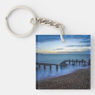 Twilight Sky Over Shoreline and Breakwaters Keychain