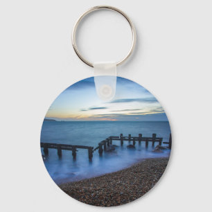 Twilight Sky Over Shoreline and Breakwaters Keychain