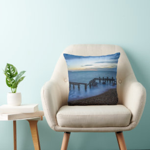 Twilight Sky Over Shoreline and Breakwaters Throw Pillow