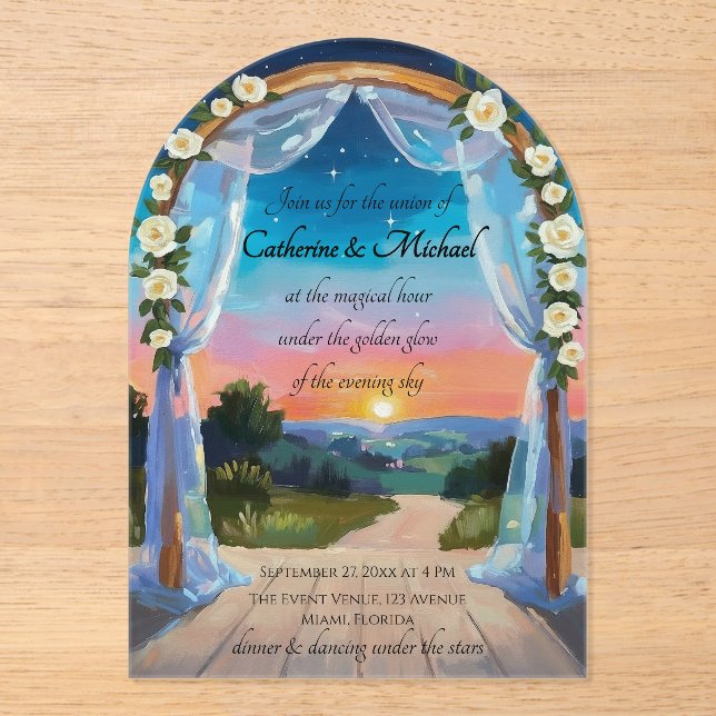 Twilight Sunset Wedding Arch Tropical Beach Summer Acrylic Invitations (Front)