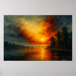 Twilight Voyage Fiery Sunset and Calm Lake Poster