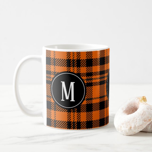 Twill Orange Black Monogram Plaid Pattern Coffee Mug (With Donut)