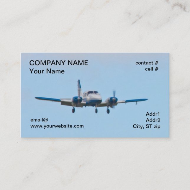 Twin airplane on landing approach business card (Front)