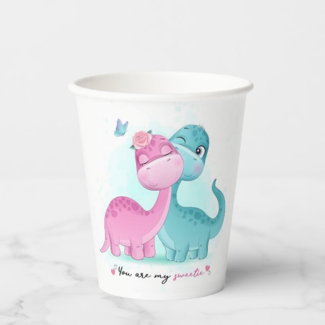 Twin Aqua and Pink Dinosaur   Paper Cups (Front)
