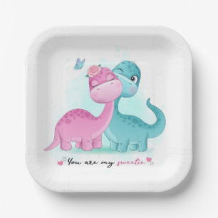 Twin Aqua and Pink Dinosaur Paper Plate