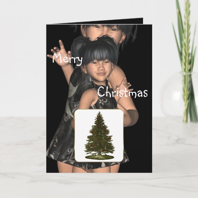 Twin Asian Girls Fun Merry Christmas Card (Front)