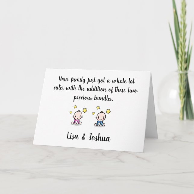 Twin Babies Congratulations Card, Girl & Boy Twins Card (Front)