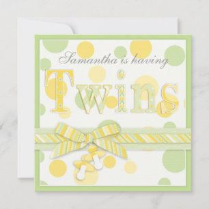 Twin Babies Mint Yellow Dots Baby Shower Invitation
