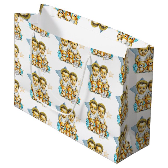 Twin Babies of Colour Baby Shower or New Baby Large Gift Bag (Front Angled)