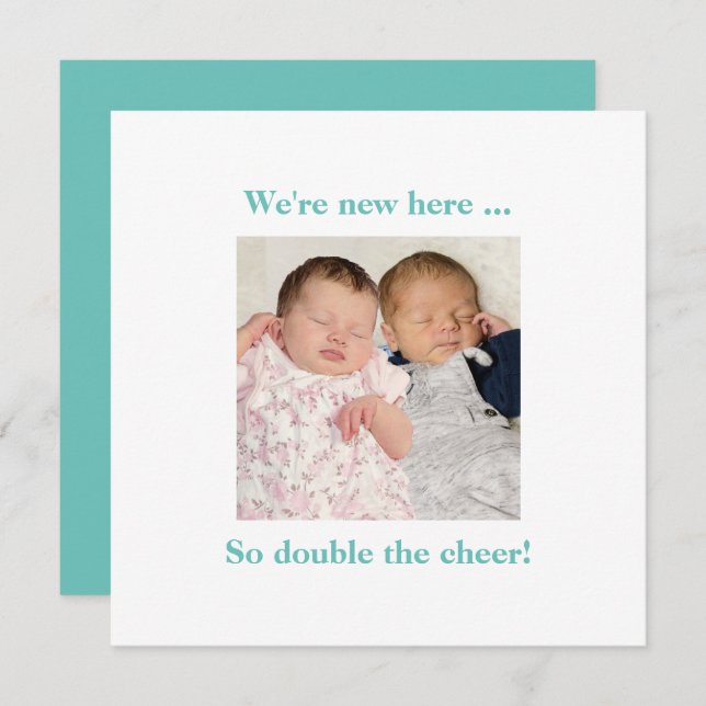 Twin Babies Teal Photo Contemporary Birth Announce (Front/Back)
