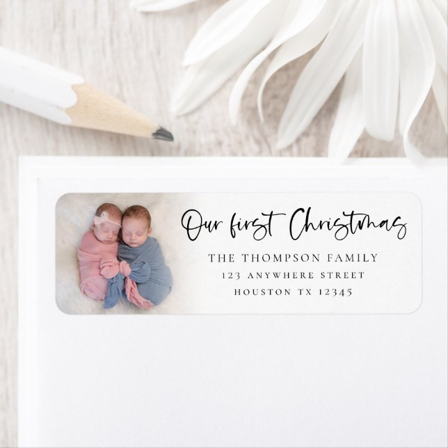 Twin Baby 1st Christmas Photo Name Retour Adresse (En situation)