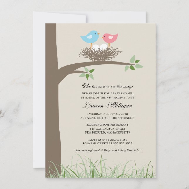 Twin Baby Bird's Nest Baby Shower Invitation (Front)