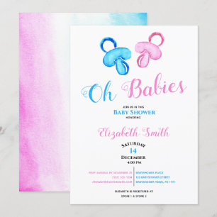 Twin baby boy and girl water colour baby shower in invitation