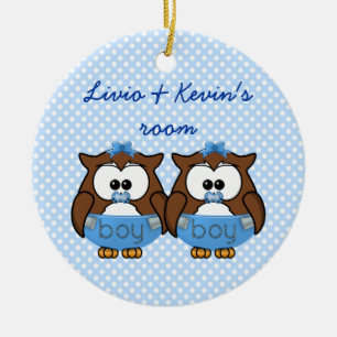 twin baby boy owl ceramic ornament