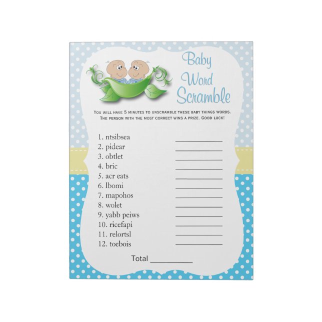 Twin Baby Boy Shower - Two Peas In A Pod Word Game Notepad (Rotated)