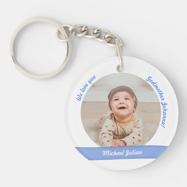 Twin Baby Boys 2 Photos Names Godmother Modern Keychain (Front)