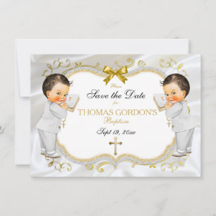 Twin Baby Boys Baptism Save Date White Gold Cross Save The Date