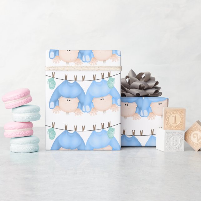 Twin Baby Boys On Clothesline Wrapping Paper (Baby Shower)