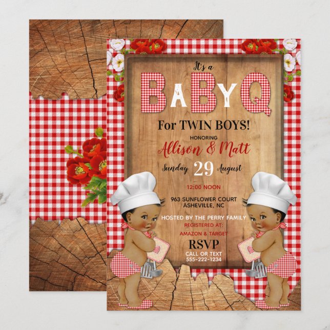 Twin Baby Boys Red Gingham Wood Baby Q Barbecue Invitation (Front/Back)