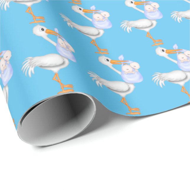 Twin baby boys with stork wrapping paper (Roll Corner)