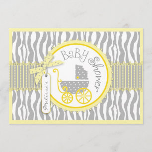 TWIN Baby Carriage, Zebra Print Yellow Baby Shower Invitation