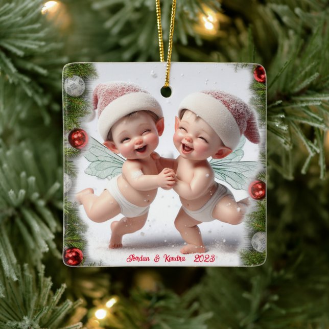 Twin Baby Christmas Fairies Ceramic Ornament (Tree)