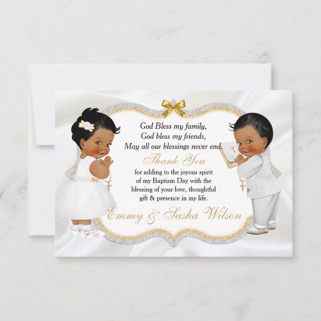 Twin Baby Girl Boy Baptism Gold Cross Thank You (Front)