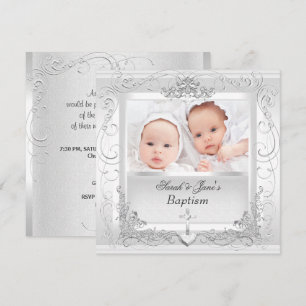Twin Baby Girl Boy Christening Baptism White Invitation