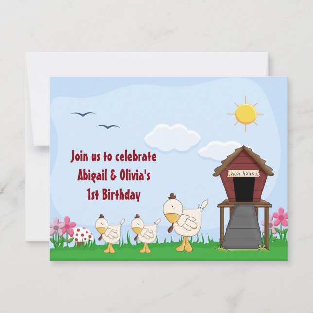 Twin Baby Girl Chicks 1st Birthday Invitation (Front)