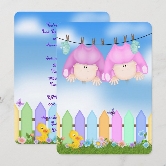 Twin Baby Girl Shower Invitation (Front/Back)