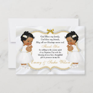 Twin Baby Girls Baptism Gold Cross Thank You Card