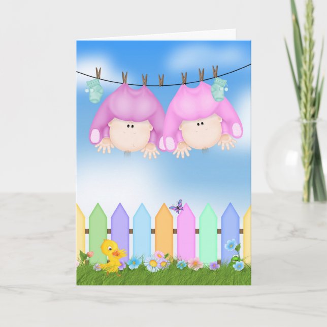 Twin Baby Girls Congratulations Card (Front)