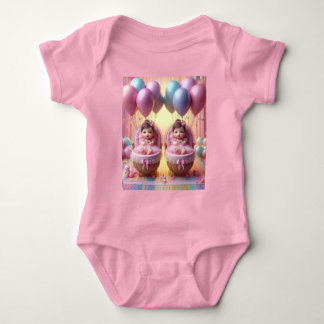 Twin Baby Girls In Pastel Balloons and Ribbons Bodysuit