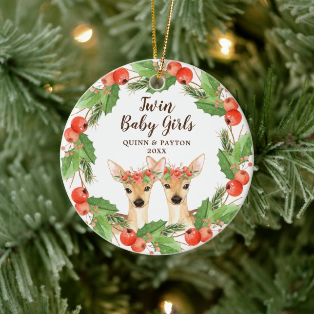 Twin Baby Girls Personalized Woodland Deer Fawns Ceramic Ornament (Tree)