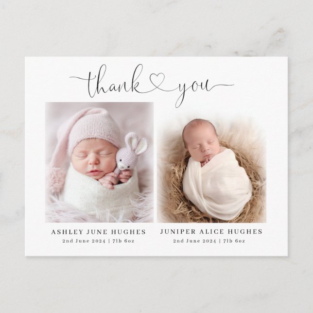Twin baby photo birth announcements modern postcard (Front)