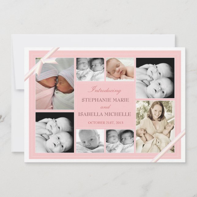 Twin Baby Photo Collage Faire-part bébé | Rose (Devant)
