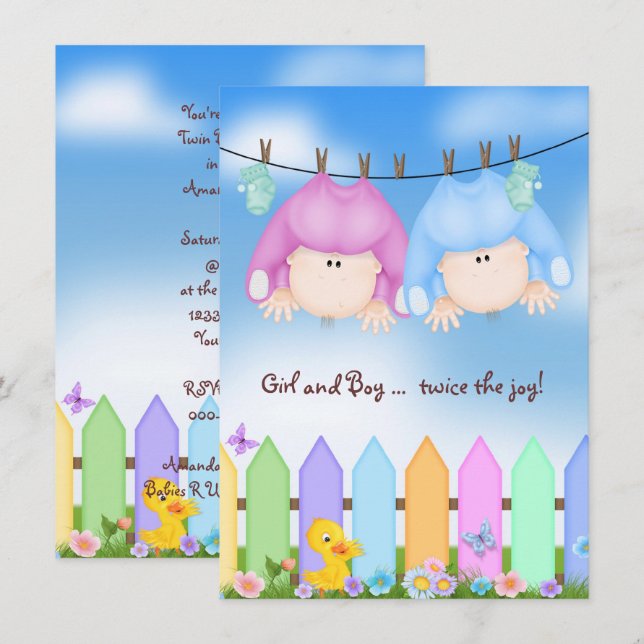 Twin Baby Shower-babies on clothesline Invitation (Front/Back)