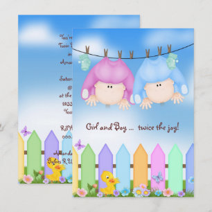 Twin Baby Shower-babies on clothesline Invitation