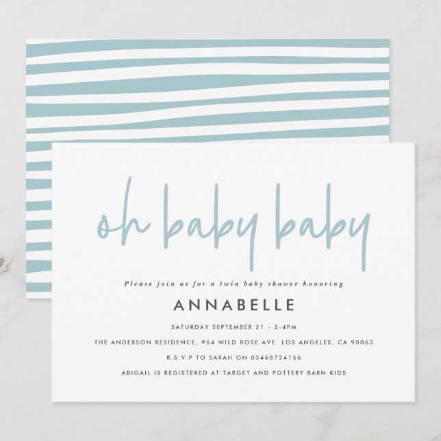 Twin baby shower blue modern typography simple invitation (Front/Back)