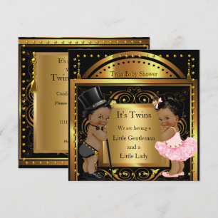 Twin Baby Shower Boy and Girl Gold Ethnic Invitation