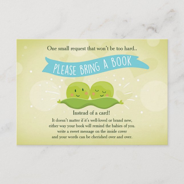 Twin Baby shower Bring a book Two Peas in a pod Enclosure Card (Front)