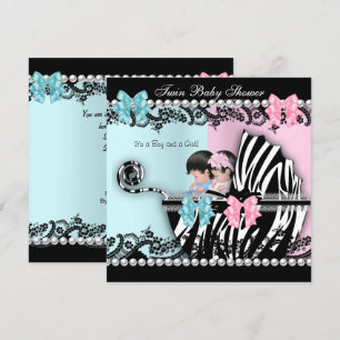 Twin Baby Shower Cute Girl Pink Boy Blue Zebra 3 Invitation