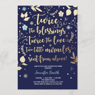 Twin Baby Shower Invitation Gold Blue navy boy