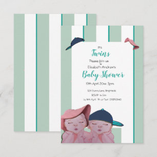 Twin Baby Shower Invitation in green stripe