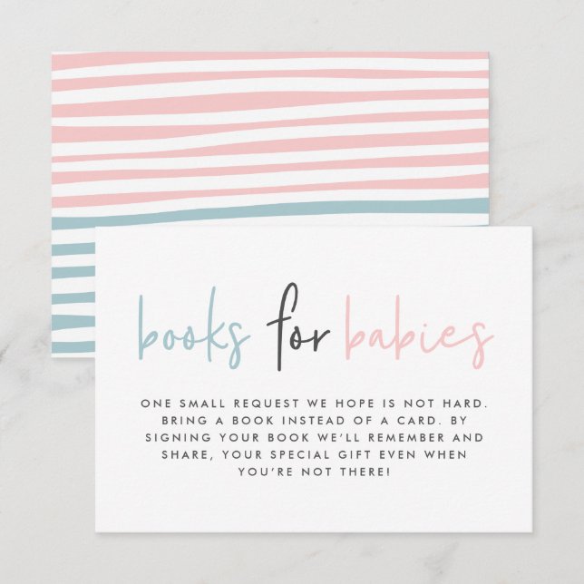 Twin baby shower pink blue modern books for babies enclosure card (Front/Back)